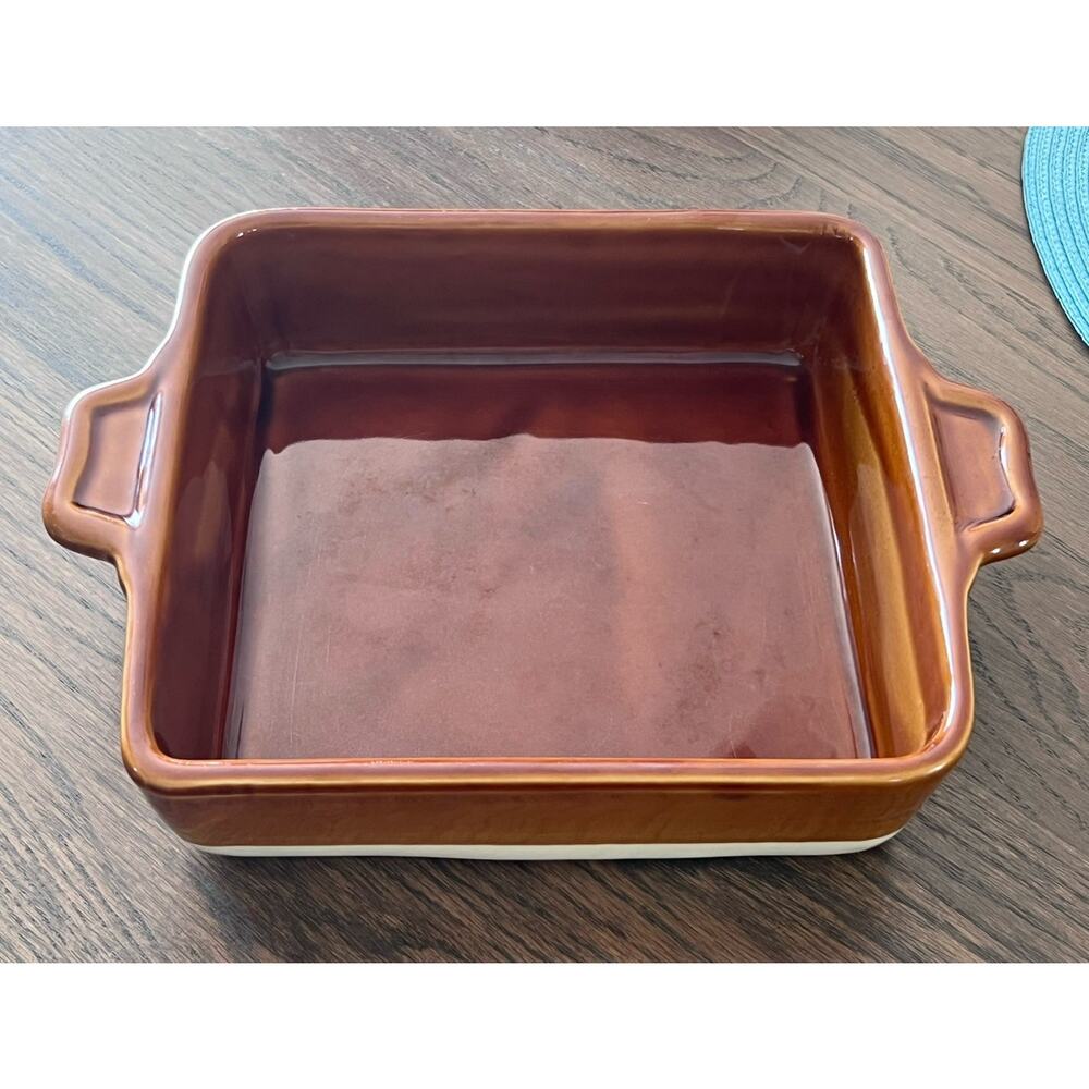 Emile Henry France Square Baking Dish Ceramic Casserole Caramel Two Tone 8 x 8